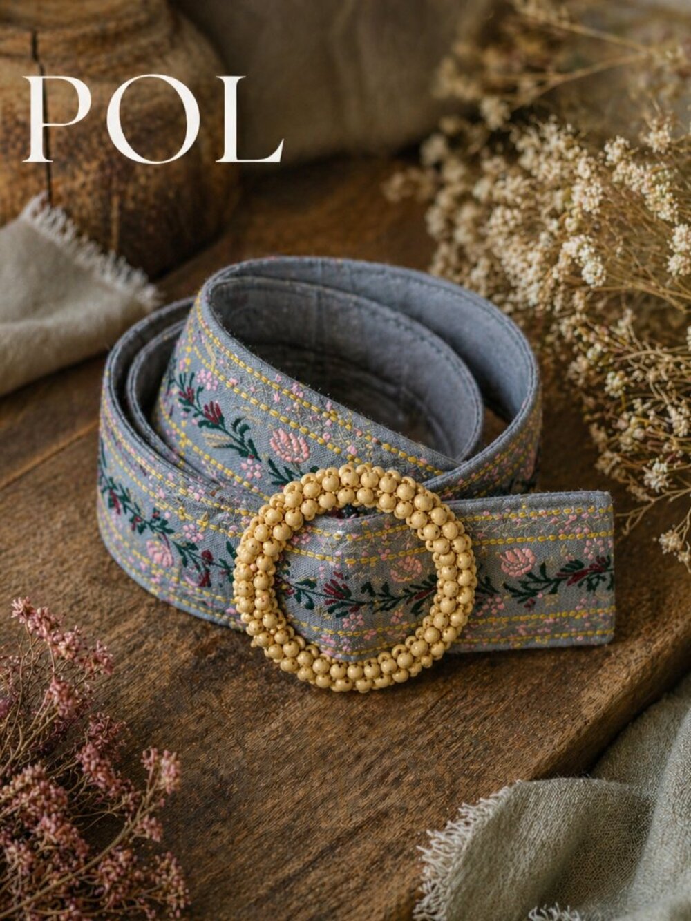 POL Bohemian Floral Embroidered Wood Buckle Wide Grey Multi Color Belt